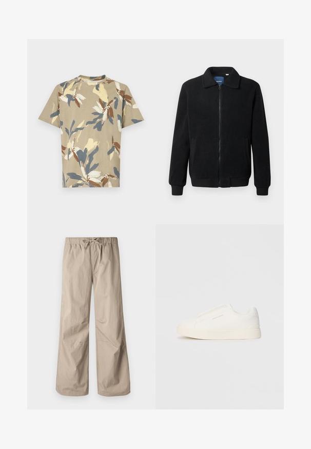 Juodas fliso džemperis su užtrauktuku, stovinčia apykakle, gumuotais rankogaliais ir šoninėmis kišenėmis, turinčiomis tekstūruotą paviršių.; Oranžinio atspalvio, trumpomis rankovėmis, apvaliu iškirpimu, marškinėliai su daugiakomponentėmis gėlių raštais mėlynos, geltonos ir rudos spalvų. Minkšta medžiaga, patogus siluetas.; Šviesiai rudos plačios kelnės su elastinga juosta ir raišteliu. Lygus paviršius, dvi šoninės kišenės ir minimalūs siūlės, užtikrinantys patogų prigludimą.; Baltos slip-on sportbačiai su tekstūruota paviršiumi, storesniu padu ir minimalistišku dizainu. Šone matosi prekės ženklo logotipas.