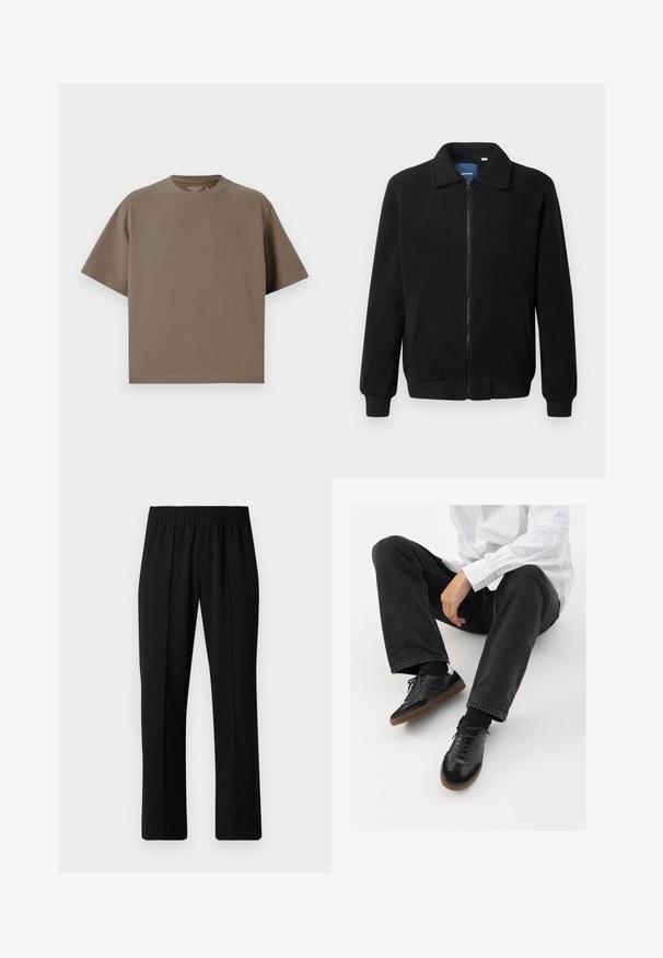 Zwarte fleece jas met een ritssluiting, staande kraag, ribgebreide manchetten en zijzakken met een textuur.; Bruine, korte mouwen t-shirt gemaakt van zachte stof met een ronde halslijn. Heeft een ontspannen pasvorm en eenvoudige zoomdetails.; Zwarte, elastische broek met rechte pijpen, met een gladde textuur en zonder zichtbare patronen of hardware.; Zwarte sneakers met een glad en textuur detail, voorzien van een rubberen zool en donkere veters. Gecombineerd met zwarte jeans en een wit gestreept shirt.