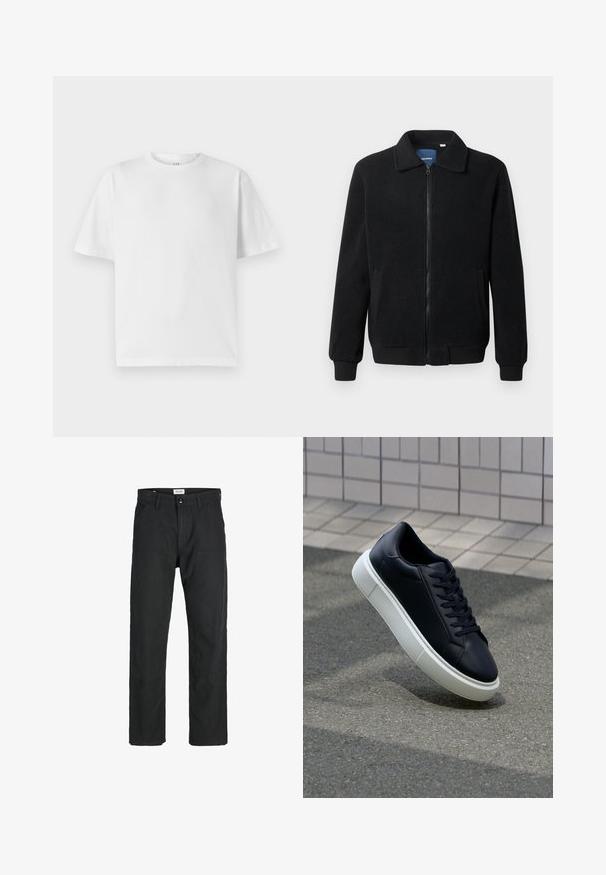 Juodas fliso džemperis su užtrauktuku, stovinčia apykakle, gumuotais rankogaliais ir šoninėmis kišenėmis, turinčiomis tekstūruotą paviršių.; Balta medvilninė marškinė su apvalia apykakle ir trumpomis rankovėmis. Turi laisvą kirpimą ir lygų paviršių. Nėra matomų raštų ar grafikų.; Juodi kelniai, pagaminti iš tvirto audinio, su tiesiomis kojomis, siuvinėtomis detalėmis ir dviem priekinėmis kišenėmis funkcionalumui.; Juodas odinis sportbačius su apvaliu pirštu ir baltu gumuotu padu. Turi plokščias raišteles ir minimalų siuvimą viršuje. Padangos tekstūra užtikrina sukibimą.