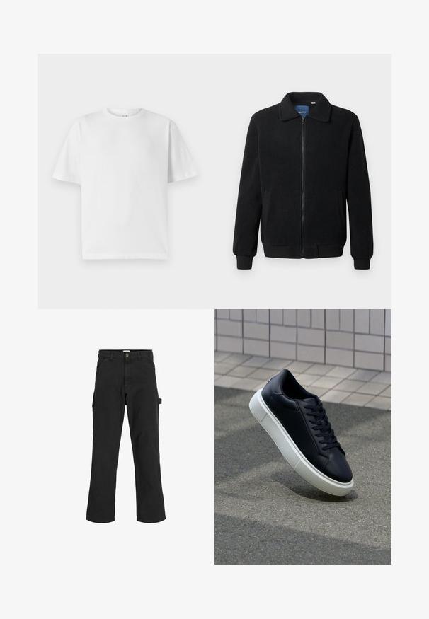 Černá fleecová bunda s zipovým uzávěrem, stojáčkem, vroubkovanými manžetami a bočními kapsami s texturovaným povrchem.; Bílý bavlněný tričko s kulatým výstřihem a krátkým rukávem. Má volný střih a hladkou texturu. Žádné viditelné vzory ani grafiku.; Černé cargo kalhoty z bavlněné směsi. Mají široké nohavice, přední šikmé kapsy a boční kapsu s poutkem na doplňky.; Černé kožené tenisky s kulatou špičkou a bílou gumovou podrážkou. mají ploché tkaničky a minimální šití na svršku. Texturovaná podrážka pro lepší přilnavost.