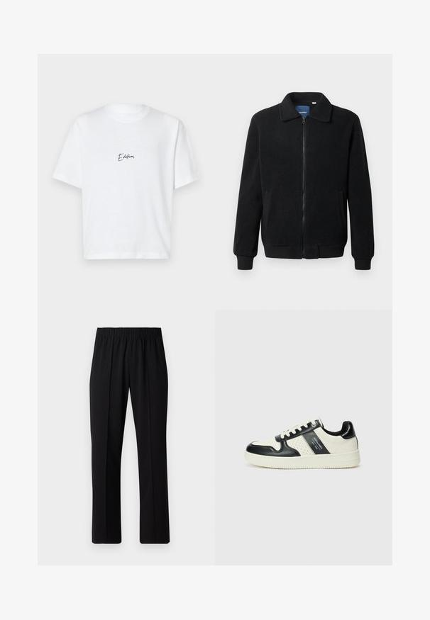 Veste en polaire noire avec fermeture éclair, col montant, poignets côtelés et poches latérales avec une surface texturée.; T-shirt en coton blanc avec des manches courtes, un col rond classique et un texte en script noir "Edition" sur la partie gauche de la poitrine.; Pantalons noirs à taille élastique avec une coupe droite, présentant une texture lisse et sans motifs ni éléments visibles.; Baskets en cuir avec un schéma de couleurs noir et crème, dotées d'accents perforés, d'un col rembourré et d'une semelle texturée.