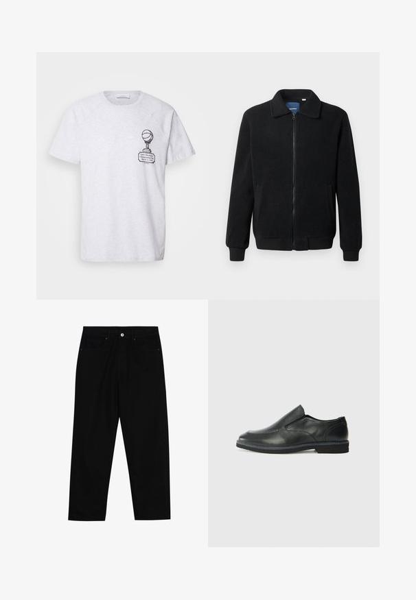 Melnā vilnas jaka ar rāvējslēdzēju, stāvošu apkakli, ribotām piedurknēm un sānu kabatām ar teksturētu virsmu.; Pelēks īsām piedurknēm t-krekls, kas izgatavots no mīksta auduma, ar melnu grafiku, kas attēlo trofeju ar basketbola bumbu, ar tekstu un datumu.; Melni džinsi ar taisnu kāju griezumu, piecu kabatu dizainu un priekšēju pogu aizdari. Gluda tekstūra ar minimālu šuvju detaļu skaitu.; Melnas ādas slip-on kurpes ar gludu augšdaļu, izšūtām akcentiem, noapaļotu purngala daļu un zemu gumijas papēdi. Zole ar minimālu rakstu.