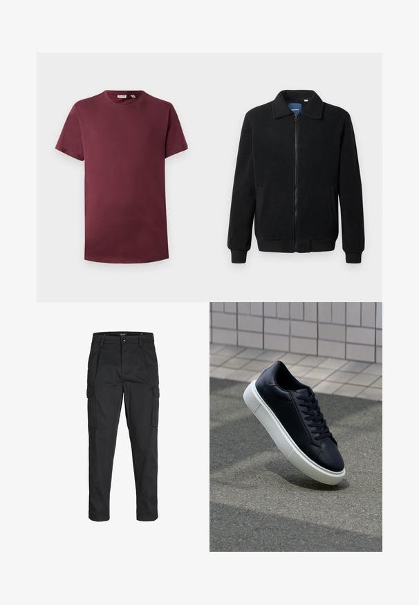 Schwarze Fleecejacke mit Reißverschluss, Stehkragen, gerippten Bündchen und seitlichen Taschen mit strukturiertem Oberflächenmaterial.; Burgunderfarbenes Rundhals-T-Shirt aus weicher Baumwolle, mit kurzen Ärmeln und klassischer Passform. Es hat einen geraden Saum und keine Muster oder Hardware-Details.; Schwarze Cargo-Hose aus robustem Material, mit mehreren Taschen, einem Knopfverschluss und einem Slim-Fit-Design mit schmal zulaufenden Beinen.; Schwarze Leder-Sneaker mit runder Zehenpartie und weißer Gummisohle. Verfügt über flache Schnürsenkel und minimale Nähte im Obermaterial. Strukturiertes Sohlenprofil für besseren Halt.