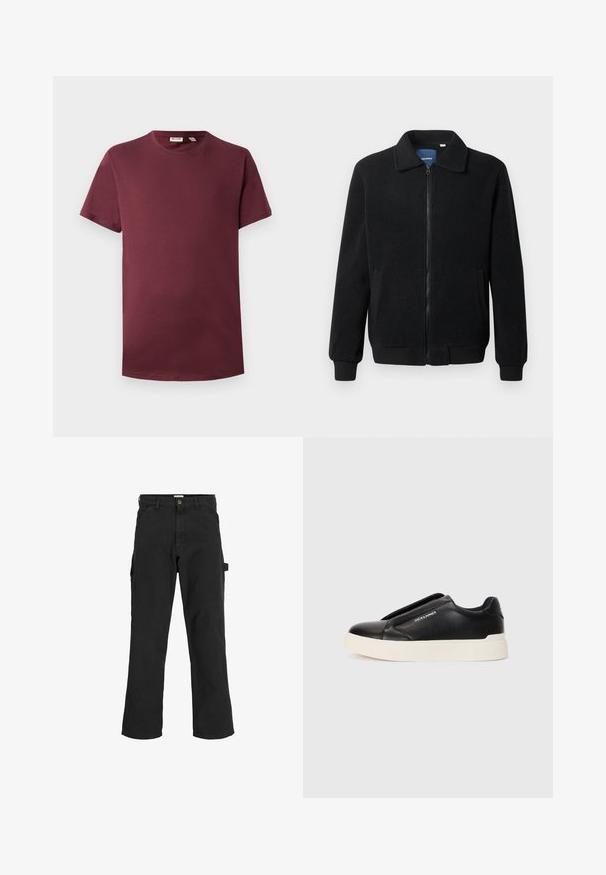 Black fleece jacket featuring a zip closure, stand collar, ribbed cuffs, and side pockets with a textured surface.; Burgundy crew neck t-shirt in soft cotton, short sleeves, classic fit, features a straight hem with no patterns or hardware details.; Black cargo pants in cotton blend fabric. Features wide legs, front slant pockets, and a side pocket with a loop for accessories.; Black slip-on sneaker with textured leather upper, white rubber sole, and no visible laces. Features brand logo on the side.