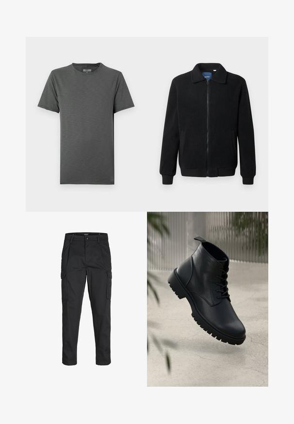 Crni flis jakna s zatvaranjem na zip, stojećim ovratnikom, rebrastim manžetama i bočnim džepovima s teksturiranom površinom.; Tamnosiva majica kratkih rukava s okruglim izrezom i suptilnim meliranim uzorkom, prikazana ravno na svijetloj pozadini.; Crne cargo hlače izrađene od čvrstog materijala, s brojnim džepovima, kopčanjem na gumb i dizajnom koji pomaže da se prilagode tijelu sa suženim nogavicama.; Crne kožne čizme do gležnja s округлим prstima, čipkastim dizajnom i robusnim gumenim đonom. Glatka tekstura s trakicom na stražnjoj strani.