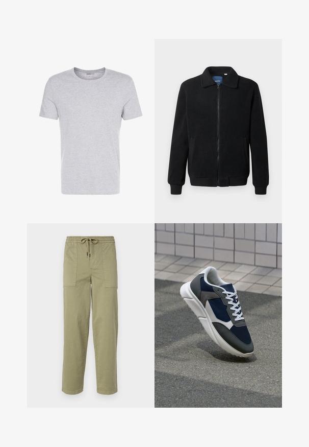 Čierna flísová bunda s uzáverom na zips, stojatým golierom, rebrovanými manžetami a bočnými vreckami s textúrovaným povrchom.; Sivá bavlnená tričko s okrúhlym výstrihom, krátkymi rukávmi a jednoduchým dizajnom, s jemnou, hladkou textúrou a bez viditeľných vzorov alebo ozdôb.; Svetlo olivové nohavice vyrobené z zmesi bavlny, s elastickým pásom na šnúrku a dvoma veľkými bočnými vreckami.; Tenisky s sieťovinou v námorníckej modrej farbe, so sivými semišovými detailmi, bielou gumovou podrážkou a plochými bielymi šnúrkami, navrhnuté pre pohodlie a priedušnosť.