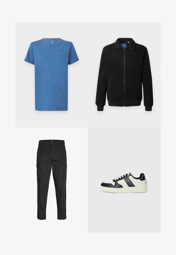 Črna flis jakna z zadrgo, stoječim ovratnikom, rebrastimi zapestji in stranskimi žepi s teksturirano površino.; Svetlo modra kratka majica z rokavi iz mehkega bombaža, z okroglim izrezom in majhnim logotipom na prsih.; Črne cargo hlače iz trdnega blaga, ki imajo več žepov, gumbasto zapiranje in ozek kroj z zožanimi nogami.; Usnjeni športni čevlji z črno in krem barvno shemo, ki vključujejo perforirane dodatke, podložen ovratnik in strukturirano podplat.