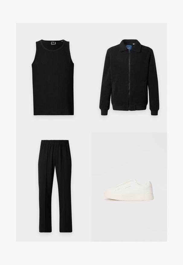 Jachetă din fleece neagră, cu închidere prin fermoar, guler înalt, manșete ribbate și buzunare laterale cu o suprafață texturată.; Top din bumbac negru cu benzi, cu decolteu rotund, design fără mâneci și un material moale, texturat. Are un tiv drept și branding minim.; Pantaloni negri cu talie elastică, cu un design cu picioare drepte, având o textură netedă și fără modele sau accesorii vizibile.; Tenisi albi slip-on cu o suprafață texturată, talpă groasă și un design minimalist. Prezintă logo-ul brandului pe lateral.
