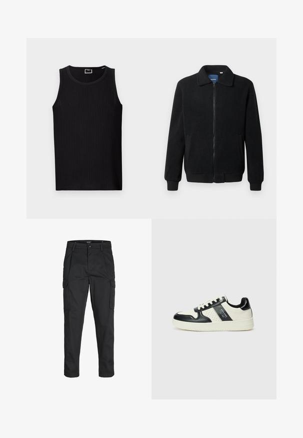 Sort fleecejakke med lynlås, opretstående krave, ribbede manchetter og sidelommer med en tekstureret overflade.; Sort ribbet tanktop med rund hals, uden ærmer og blødt, tekstureret stof. Har en lige kant og minimal branding.; Sorte cargo-bukser lavet af slidstærkt stof, der har flere lommer, en knaplukning og et slim fit design med smalle ben.; Lædersneakers i sort og creme farveskema, med perforerede detaljer, en polstret krave og en struktureret ydersål.