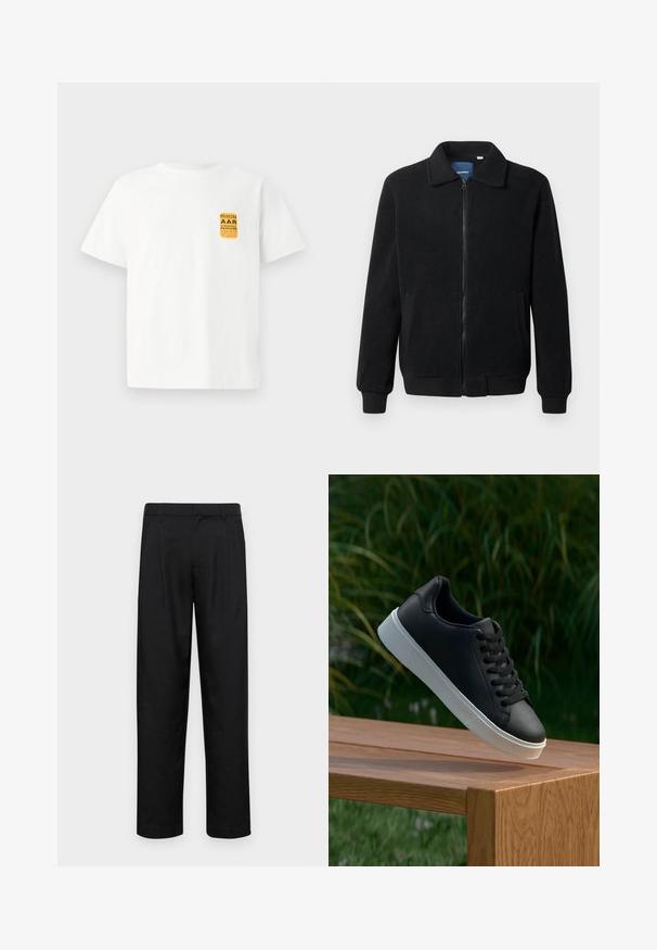 Chaqueta de forro polar negra con cierre de cremallera, cuello alzado, puños acanalados y bolsillos laterales con una superficie texturizada.; Camiseta de algodón blanca con mangas cortas que presenta un diseño gráfico en amarillo y negro en la parte superior izquierda.; Pantalones negros de tela suave, con un diseño de pierna recta, dos pliegues frontales y una cintura estándar con trabillas para el cinturón.; Zapatilla negra de cuero con una textura suave, suela de goma blanca y seis ojetes para cordones, exhibida sobre una superficie de madera.