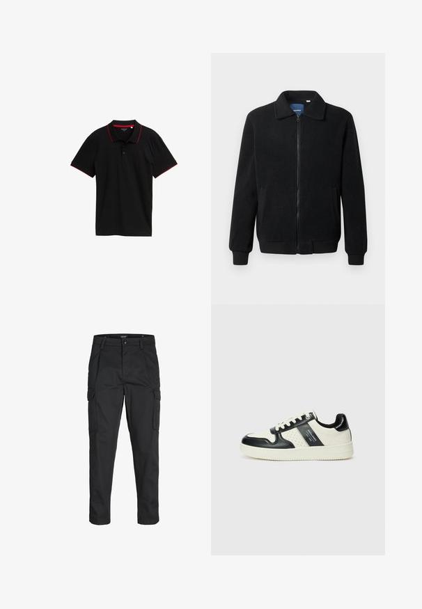 Czarna polarowa kurtka z zamkiem błyskawicznym, stójką, ściągaczami przy mankietach oraz bocznymi kieszeniami o teksturowanej powierzchni.; Czarna koszulka polo z teksturowanej tkaniny, czerwoną kołnierzykiem i akcentami na rękawach, z zapięciem na trzy guziki, krótkimi rękawami i bez widocznych wzorów.; Czarne spodnie cargo wykonane z wytrzymałego materiału, z wieloma kieszeniami, zapięciem na guzik oraz zwężanym krojem nogawek.; Skórzane sneakersy w czarno-kremowym schemacie kolorystycznym, z perforowanymi akcentami, wyściełanym kołnierzem i teksturowaną podeszwą.