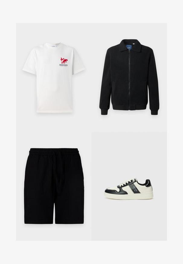 Schwarze Fleecejacke mit Reißverschluss, Stehkragen, gerippten Bündchen und seitlichen Taschen mit strukturiertem Oberflächenmaterial.; Weißes Baumwoll-T-Shirt mit einem roten Cowboy- und Pferde-Graphic auf der linken Brust und dem Text "RODEO DAYS" unterhalb des Designs.; Schwarze Shorts aus leichtem Material mit einem elastischen Bund und Kordelzug, Seitentaschen und einem lockeren Schnitt.; Leder-Sneaker in Schwarz- und Cremetönen, mit perforierten Akzenten, einem gepolsterten Kragen und einer strukturierten Laufsohle.