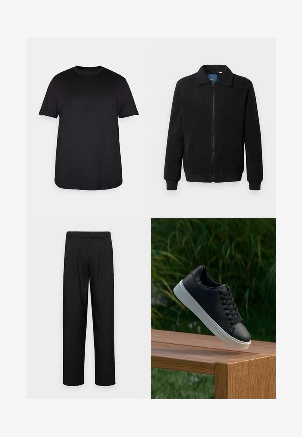 Jachetă din fleece neagră, cu închidere prin fermoar, guler înalt, manșete ribbate și buzunare laterale cu o suprafață texturată.; Tricou negru cu mânecă scurtă, fabricat din bumbac moale, având un decolteu rotund și o croială lejeră, fără modele sau accente vizibile.; Pantaloni negri dintr-un material neted, cu un design drept, două pliuri frontale și un tiv standard cu bucle pentru curea.; Adidași din piele neagră cu o textură netedă, talpă din cauciuc alb și șase orificii pentru șireturi, expuși pe o suprafață din lemn.