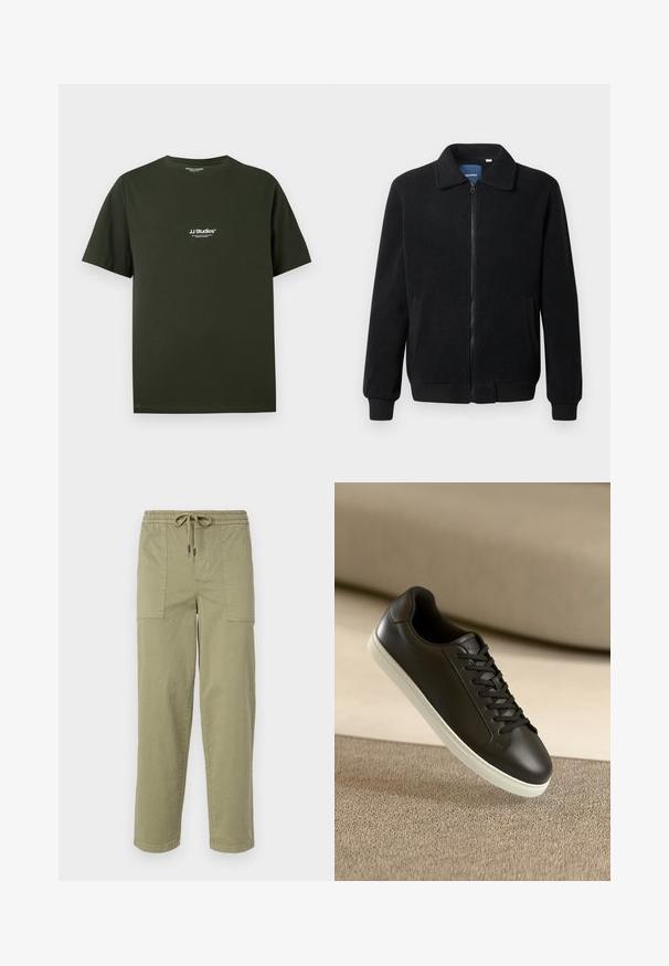 Crni flis jakna s zatvaranjem na zip, stojećim ovratnikom, rebrastim manžetama i bočnim džepovima s teksturiranom površinom.; Tamnozelena pamučna majica s kratkim rukavima i okruglim izrezom, s bijelim otisnutim logotipom "JJ Studios" na lijevoj strani prsnog područja.; Svijetlo maslinasto zelene hlače od mješavine pamuka, sa elastičnom strukom i vezicom, te dva velika bočna džepa.; Crne kožne tenisice s bijelim gumiranim potplatom i crnim vezicama, smještene na bež tkaninskoj površini i pozadini.