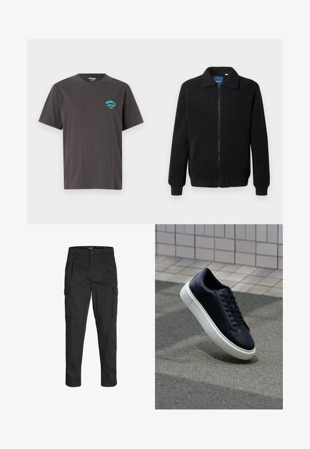 Fekete bolyhos dzseki cipzárral, állógallérral, bordázott mandzsettákkal és oldalzsebekkel, textúrált felülettel.; Sötétszürke pamut póló rövid ujjakkal, kerek nyakkivágással, és türkiz "Wrangler Jeans 1947" logóval a bal oldalon.; Fekete cargo nadrág, amely tartós anyagból készült, több zsebet tartalmaz, gombos záródással rendelkezik, és karcsú szabású, szűkített lábakkal bír.; Fekete bőr sportcipő lekerekített orral és fehér gumitalppal. Lapos fűzőkkel és minimális varrásokkal rendelkezik a felsőrészén. Mintás talp a tapadásért.