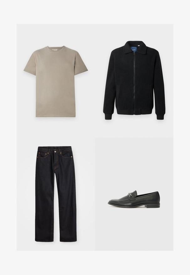 Casaco de polar preto com fecho de correr, gola alta, punhos canelados e bolsos laterais com uma superfície texturizada.; T-shirt de mangas curtas em algodão bege claro, com um decote redondo, design simples e textura suave, sem padrões ou acessórios visíveis.; Calças de ganga pretas para homem, de pernas retas, com cinco bolsos e costura laranja, fecho de botão e zíper na cintura da frente.; Sapatilha de couro preta com um acabamento suave, apresentando um design cosido e um detalhe decorativo de corrente de metal atravessando o peito do pé. Salto baixo.