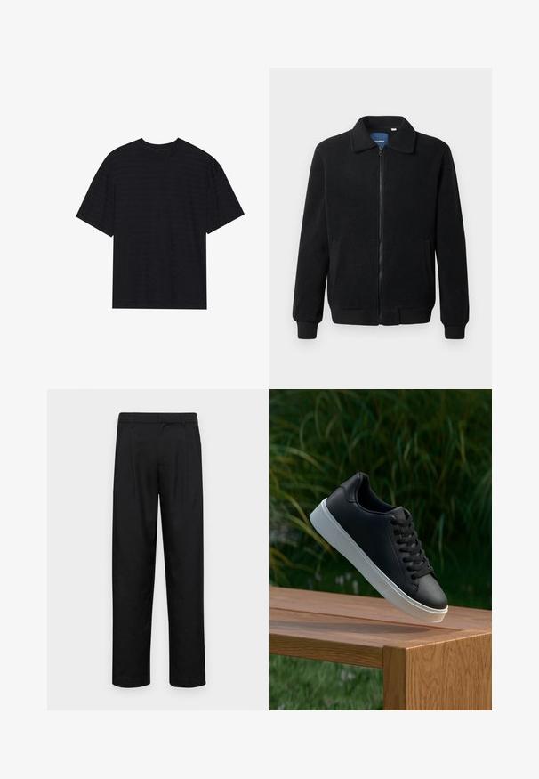 Sort fleecejakke med lynlås, opretstående krave, ribbede manchetter og sidelommer med en tekstureret overflade.; Sort kortærmet t-shirt med en subtil stribet tekstur, afslappet pasform og rund halsudskæring. Blødt materiale uden synlige logoer.; Sorte bukser lavet af glat stof, med et lige ben-design, to frontfolder og en standard talje med bæltestropper.; Sort lædersneaker med en glat overflade, hvid gummisål og seks øjer til snørebånd, præsenteret på en træoverflade.