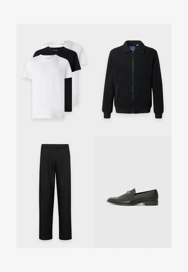 Svart fleece jakke med glidelås, høy krage, ribbestrikkede mansjetter og sidelommer med strukturert overflate.; Tre grunnleggende T-skjorter med rund hals i hvit, svart og hvit. Korte ermer, bomullsmateriale, minimalistisk design, ingen synlige mønstre eller aksenter.; Sorte bukser laget av glatt stoff, med rette ben, to frontfoldninger og standard liv med beltehemper.; Sorte skinnloafers med en glatt finish, og med en sydd design og en dekorativ metallkjedeakcent over foten. Flat hæl.