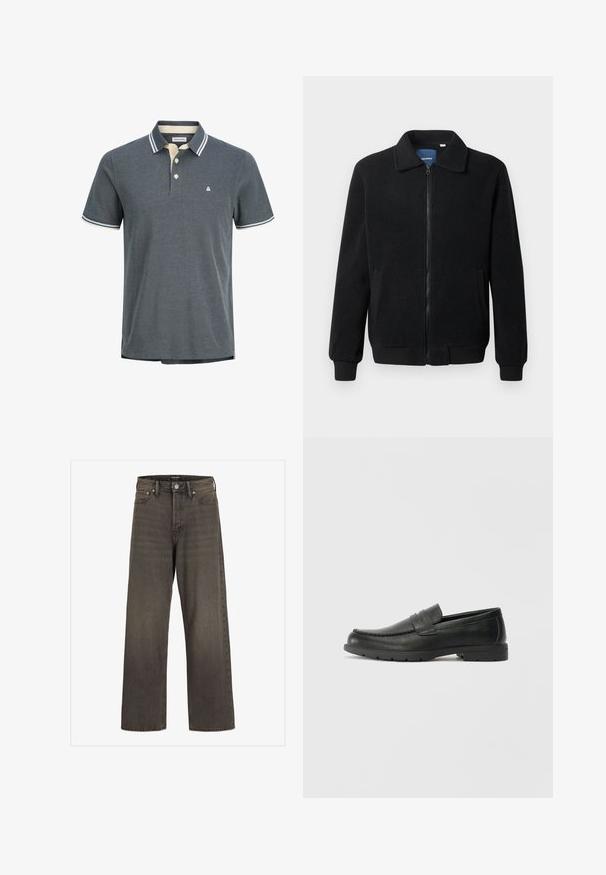 Fekete bolyhos dzseki cipzárral, állógallérral, bordázott mandzsettákkal és oldalzsebekkel, textúrált felülettel.; Férfi pólóing sötétszürke színben, textúrált szövettel. Krémszínű gallérral és tengerészkék csíkokkal rendelkezik, valamint három gombbal ellátott nyitással. Kis logó a mellkason.; Széles lábú farmernadrág sötétszürke denimből, magas derékkal, klasszikus öt zsebes kialakítással és kontrasztos varrással az illesztések mentén.; Fekete bőr mokaszinok sima felülettel, a mokaszin stílusú felsőrésszel, varrott részletezéssel és gumitalppal. Klasszikus dizájn alacsony sarokkal.