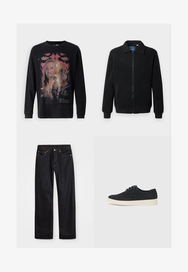 Svart fleece jakke med glidelås, høy krage, ribbestrikkede mansjetter og sidelommer med strukturert overflate.; Svart langermet t-skjorte med et fargerikt grafisk trykk fra "Star Wars: Episode I - The Phantom Menace" med ulike karakterer og detaljer.; Men's straight-leg svarte denim jeans med fem lommer og oransje søm, knapp og glidelås lukking foran på midjen.; Sorte svinedersko med snøring og rund tå, lett kremfarget såle og subtile blå broderi detaljer på overdelen.