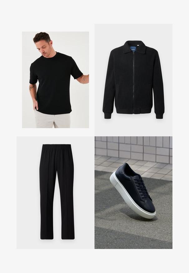 Čierna flísová bunda s uzáverom na zips, stojatým golierom, rebrovanými manžetami a bočnými vreckami s textúrovaným povrchom.; Čierne tričko s krátkym rukávom vyrobené z textúrovaného materiálu s okrúhlym výstrihom, s uvoľneným strihom a minimalistickým dizajnom.; Čierne nohavice s elastickým pásom a rovnými nohavicami, majú hladkú textúru a žiadne viditeľné vzory ani kovové doplnky.; Čierne kožené tenisky s okrúhlou špičkou a bielou gumovou podrážkou. Majú ploché šnúrky a minimálne šitie na vrchu. Textúrovaná podrážka pre lepšiu priľnavosť.