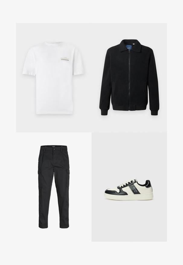 Schwarze Fleecejacke mit Reißverschluss, Stehkragen, gerippten Bündchen und seitlichen Taschen mit strukturiertem Oberflächenmaterial.; Weißes Baumwoll-T-Shirt mit kurzen Ärmeln, Rundhalsausschnitt und einem kleinen, schwarz- und goldbedruckten Logo, das "Cancun" liest.; Schwarze Cargo-Hose aus robustem Material, mit mehreren Taschen, einem Knopfverschluss und einem Slim-Fit-Design mit schmal zulaufenden Beinen.; Leder-Sneaker in Schwarz- und Cremetönen, mit perforierten Akzenten, einem gepolsterten Kragen und einer strukturierten Laufsohle.