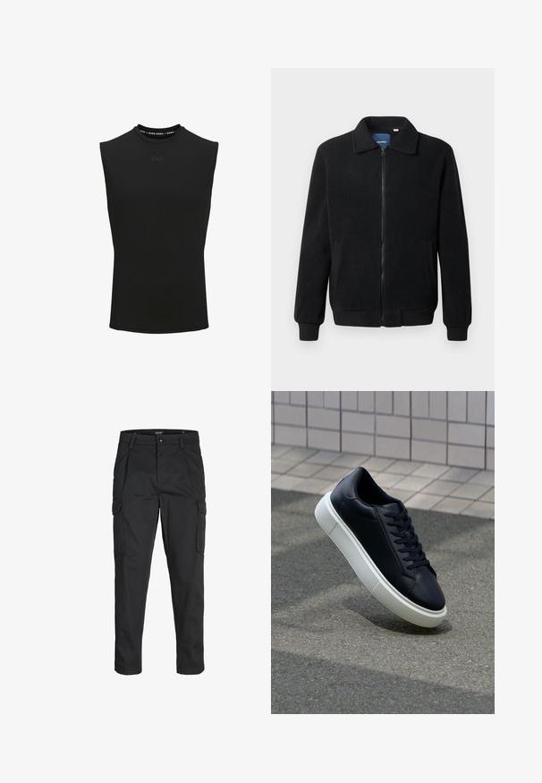 Jachetă din fleece neagră, cu închidere prin fermoar, guler înalt, manșete ribbate și buzunare laterale cu o suprafață texturată.; Top sportiv fără mâneci, de culoare neagră, cu un guler înalt și un mic logo "CNZ" în centrul frontal.; Pantaloni cargo negri dintr-un material rezistent, cu multiple buzunare, închidere cu nasture și un design slim fit cu picioare conice.; Tenis cu piele neagră, cu vârful rotund și talpă din cauciuc alb. Are șireturi plate și cusături minime pe suprafață. Tălpile texturate oferă aderență.