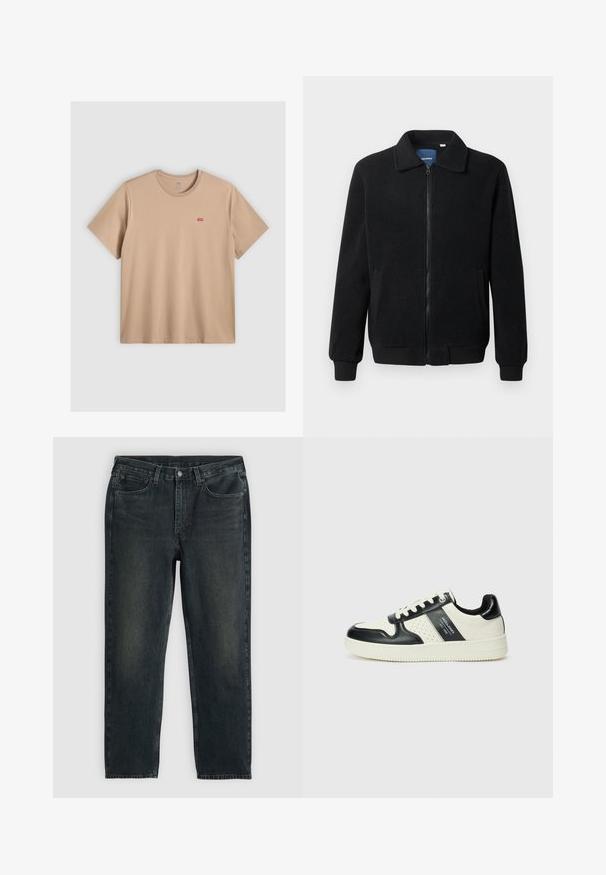 Jachetă din fleece neagră, cu închidere prin fermoar, guler înalt, manșete ribbate și buzunare laterale cu o suprafață texturată.; Tricou din bumbac bej, cu mâneci scurte și decolteu rotund. Prezintă un mic logo roșu Levi's pe partea din stânga a frontalului. Textură netedă.; Blugi din denim de culoare albastru închis, cu croi drept, având cinci buzunare, fermoar și cusături în contrast. Ușor uzate pe material.; Tenisi din piele cu un scheme de culori negru și crem, dotati cu accente perforate, guler căptușit și o talpă texturată.