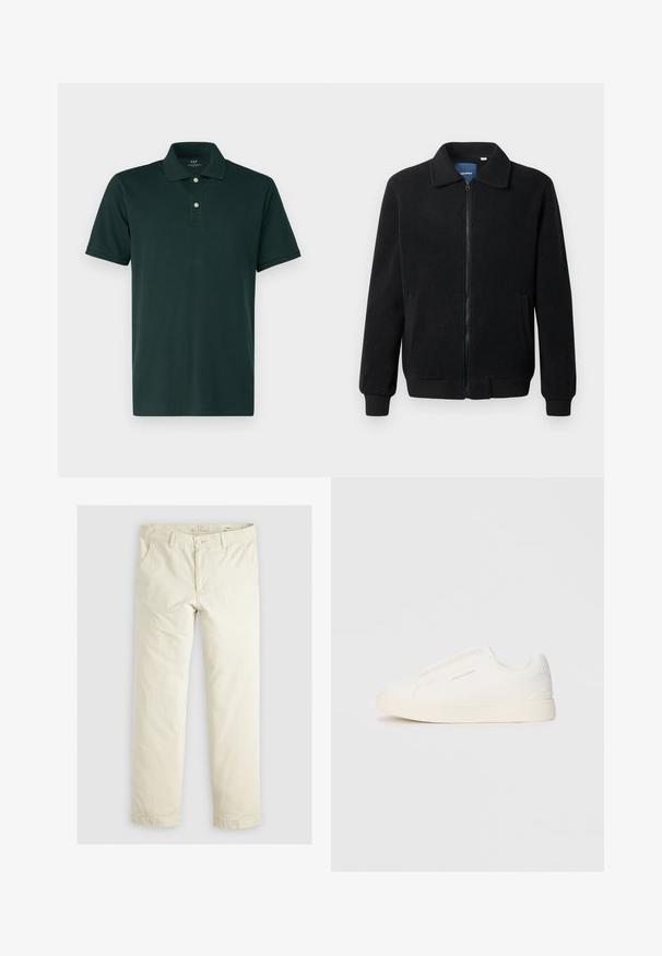 Svart fleece jakke med glidelås, høy krage, ribbestrikkede mansjetter og sidelommer med strukturert overflate.; GAP Poloskjorter - essex green; Lys beige løse bukser med tre lommer, beltestropper og rett ben-design. Laget av et mykt bomullsblandingsstoff.; Hvite slip-on joggesko med teksturert overflate, tykk såle og minimalistisk design. Har merkevarelogo på siden.