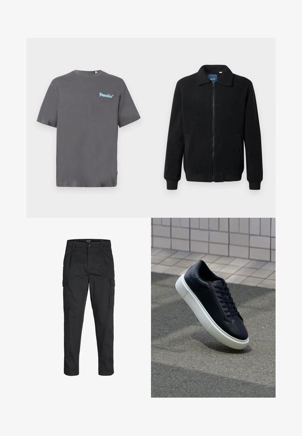 Melnā vilnas jaka ar rāvējslēdzēju, stāvošu apkakli, ribotām piedurknēm un sānu kabatām ar teksturētu virsmu.; Pelēka īsām piedurknēm T-kreklu, izgatavots no kokvilnas. Uz kreisā krūšu laukuma ir gaismas zila "Paradise" emblēma. Klasisks apaļais kakls.; Melnas kravas bikses, izgatavotas no izturīga auduma, ar vairākiem kabatām, pogu aizdari un šaura piegriezuma dizainu ar sašaurinātiem kāju apakšiem.; Melnas ādas kedas ar noapaļotu pirkstu un baltu gumijas zoli. Iespējas - plakanas šņorītes un minimāla apdare augšdaļā. Struktūrēta zole, lai nodrošinātu saķeri.