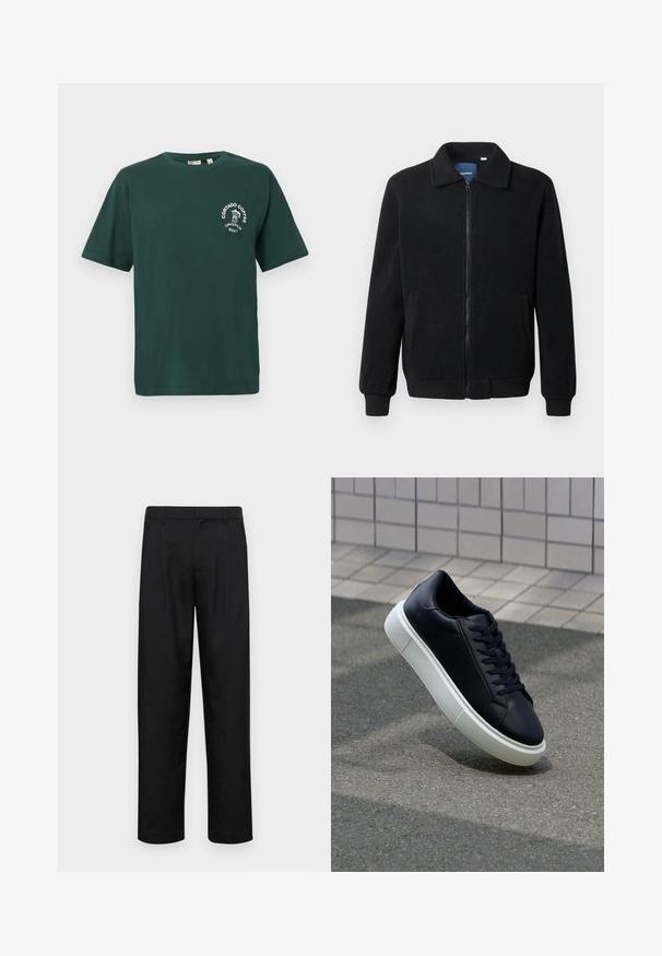 Black fleece jacket featuring a zip closure, stand collar, ribbed cuffs, and side pockets with a textured surface.; Green cotton t-shirt with short sleeves, round neckline, and white "Cortado Coffee" logo featuring a coffee cup graphic on the chest.; Black trousers made of smooth fabric, featuring a straight-leg design, two front pleats, and standard waistband with belt loops.; Black leather sneaker with rounded toe and white rubber sole. Features flat laces and minimal stitching on the upper. Textured sole for grip.