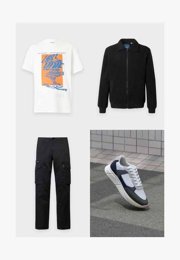 Juodas fliso džemperis su užtrauktuku, stovinčia apykakle, gumuotais rankogaliais ir šoninėmis kišenėmis, turinčiomis tekstūruotą paviršių.; Balta medvilninė marškinė su išraiškingu mėlynos ir oranžinės spalvos grafiniu dizainu, su stilizuotu tekstu ir šiek tiek laisva forma.; Juodos krovinių kelnės, turinčios kelis kišenes, užtrauktuku uždaromą kišenę ant šlaunies, tiesaus kirpimo ir tvirtos medvilnės audinys su nežymiu blizgesiu.; Baltos, tamsiai mėlynos ir pilkos sportbačiai su mišriomis medžiagomis, turintys tekstūruotą viršutinę dalį, plokščius raištelius ir paminkštintą pado dalį.