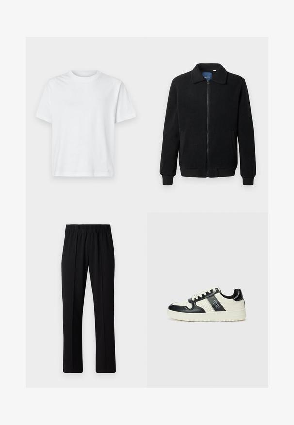 Czarna polarowa kurtka z zamkiem błyskawicznym, stójką, ściągaczami przy mankietach oraz bocznymi kieszeniami o teksturowanej powierzchni.; Biała bawełniana koszulka z krótkim rękawem, okrągłym dekoltem i minimalistycznym nadrukiem z przodu. Gładka faktura, luźny krój.; Czarne spodnie z elastycznym pasem o prostym kroju, z gładką strukturą i bez widocznych wzorów czy elementów metalowych.; Skórzane sneakersy w czarno-kremowym schemacie kolorystycznym, z perforowanymi akcentami, wyściełanym kołnierzem i teksturowaną podeszwą.