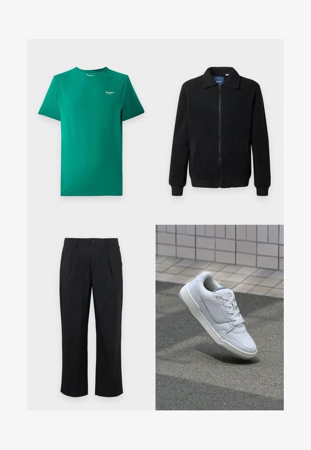 Svart fleece jakke med glidelås, høy krage, ribbestrikkede mansjetter og sidelommer med strukturert overflate.; Grønn bomull T-skjorte med korte ermer, rund halslinning og en liten hvit logo på venstre brystområde. Glatt tekstur, avslappet design.; Sorte bukser med rett passform, med folder foran, knappelukking og glatt tekstur.; Hvite lær sneakers med perforerte sider, teksturerte detaljer, flate lisser og en kontrasterende grå hæl. Har en lite hevet såle.