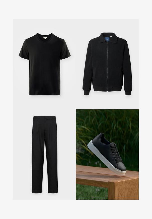 Čierna flísová bunda s uzáverom na zips, stojatým golierom, rebrovanými manžetami a bočnými vreckami s textúrovaným povrchom.; Čierne bavlnené tričko s V-krkom, krátkymi rukávmi a malým, decentným logom na hrudi. Mäkká textúra a neformálny dizajn.; Čierne nohavice vyrobené z hladkej tkaniny, s rovnými nohavicami, dvoma prednými skladmi a štandardným pásom s pútkami na opasok.; Čierne kožené tenisky s hladkým povrchom, biela gumená podrážka a šesť dierok na šnúrky, vystavené na drevenom povrchu.