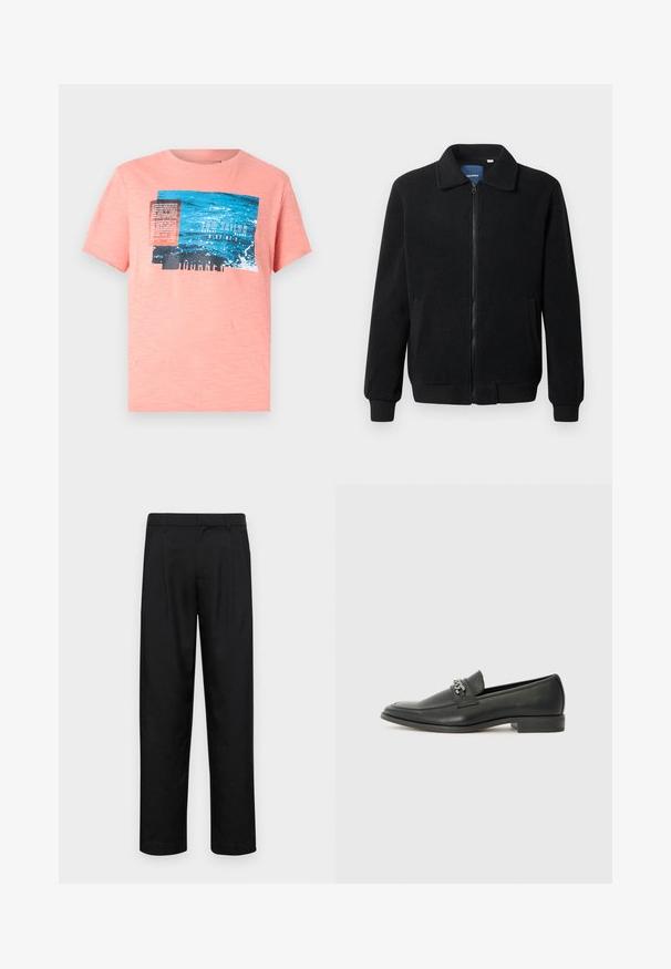 Sort fleecejakke med lynlås, opretstående krave, ribbede manchetter og sidelommer med en tekstureret overflade.; Pesca kortærmet T-shirt med et blåt og sort grafisk print, inklusiv tekst og vandteksturdetaljer. Blødt, let materiale.; Sorte bukser lavet af glat stof, med et lige ben-design, to frontfolder og en standard talje med bæltestropper.; Sorte læder loafers med en glat finish, der har et syet design og et dekorativt metal kædeaccent hen over vamps. Flad hæl.
