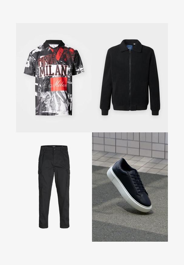 Črna flis jakna z zadrgo, stoječim ovratnikom, rebrastimi zapestji in stranskimi žepi s teksturirano površino.; Polo majica s kratkimi rokavi, narejena iz lahkega blaga, z črno podlago, na kateri so rdeči in beli grafični odtisi, besedilo in različne teksture.; Črne cargo hlače iz trdnega blaga, ki imajo več žepov, gumbasto zapiranje in ozek kroj z zožanimi nogami.; Črne usnjene superge z zaobljenim prstom in belim gumijastim podplat. Imajo ravne vezalke in minimalno šivanje na zgornjem delu. Teksturirani podplat za oprijem.