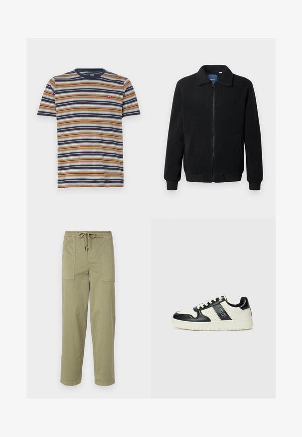 Melnā vilnas jaka ar rāvējslēdzēju, stāvošu apkakli, ribotām piedurknēm un sānu kabatām ar teksturētu virsmu.; Svītrainā T-krekle ar īsām piedurknēm, kas ir ar horizontālām brūnām, jūras zilām, baltām un ziliem svītrām; kokvilnas materiāls, apaļa kakla izgriezums, mazs logo uz krūšu.; Gaišolīci zaļas bikses no kokvilnas maisījuma auduma, ar elastīgu jostu un saiti, kā arī divām lielām sānu kabatām.; Ādas sporta apavi ar melnbaltu krāsu shēmu, ar perforētiem akcentiem, mīkstinātu apkakli un teksturētu zoli.