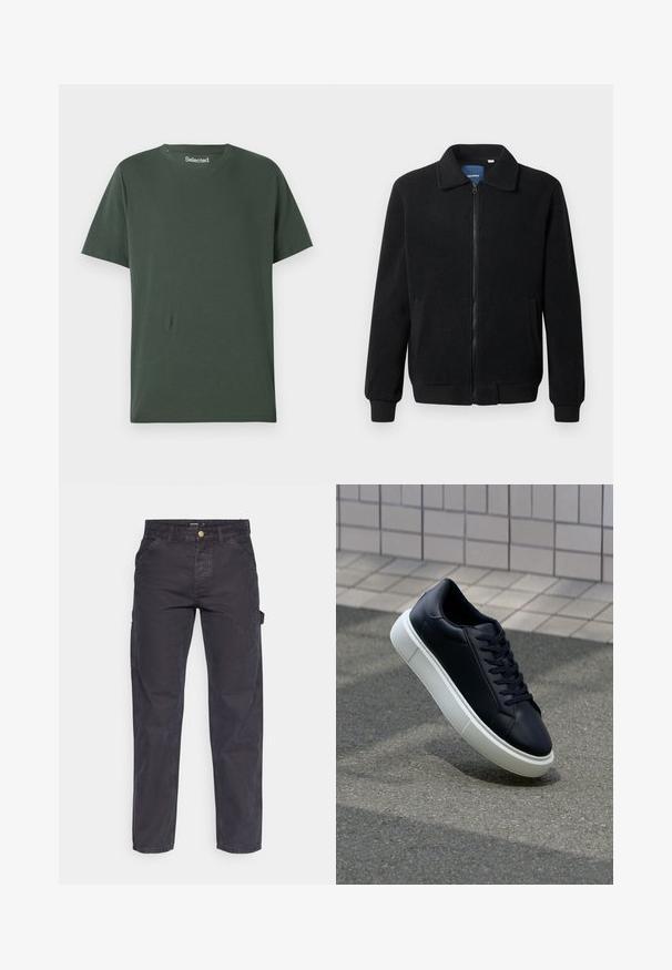 Fekete bolyhos dzseki cipzárral, állógallérral, bordázott mandzsettákkal és oldalzsebekkel, textúrált felülettel.; Sötétzöld pamut póló kerek nyakkal, rövid ujjakkal és laza szabással. Sima texture, minta vagy díszítés nélkül.; Sötétszürke cargo nadrág tartós anyagból, egyenes szárú fazonnal, öt zsebbel és gombos derékzárral.; Fekete bőr sportcipő lekerekített orral és fehér gumitalppal. Lapos fűzőkkel és minimális varrásokkal rendelkezik a felsőrészén. Mintás talp a tapadásért.