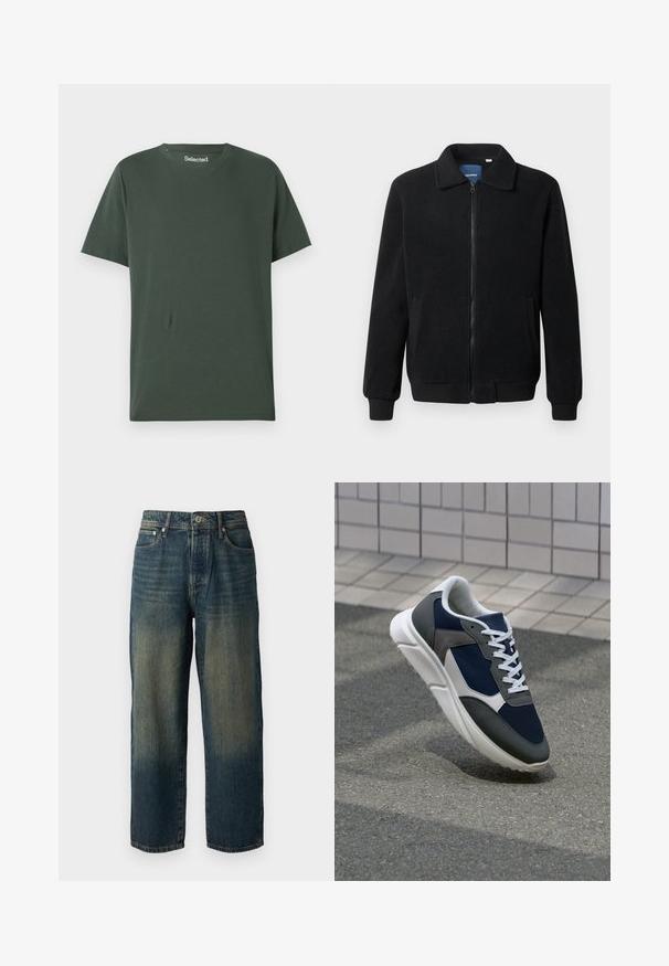 Musternahk fleece-jakk musternahaga, tõmblukk, seisev kaelus, soonikkoes varrukad ja küljetaskud tekstuurse pinnaga.; T tumed roheline puuvillane T-särk, ringkaelusega, lühikeste varrukatega ja lõdva lõikega. Sile tekstuur, ilma mustrite või kaunistusteta.; Sinine denimpüksid sirge lõikega, millel on pleekinud disain heledama varjundiga alläärtes, viis taskut ja nööpidega sulgus.; Sneaker, mille sinine võrkkangas, hallid nubukdetailid, valge kummitald ja lamedad valged paelad, disainitud mugavuseks ja hingavuseks.