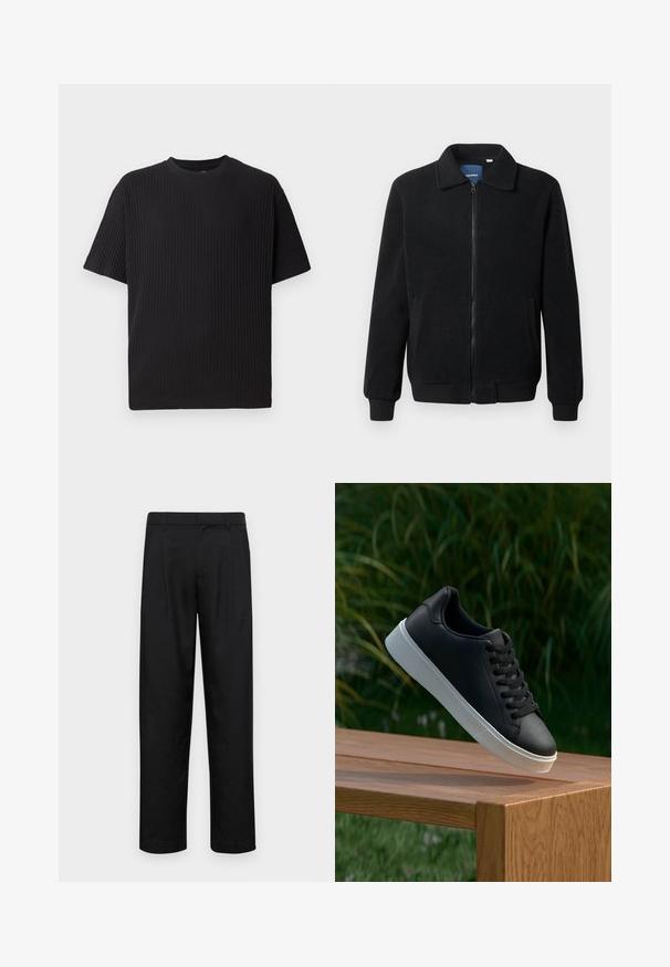 Czarna polarowa kurtka z zamkiem błyskawicznym, stójką, ściągaczami przy mankietach oraz bocznymi kieszeniami o teksturowanej powierzchni.; Czarny prążkowany t-shirt z krótkim rękawem i okrągłym dekoltem, z teksturowaną powierzchnią i luźnym krojem.; Czarne spodnie wykonane z gładkiego materiału, z prostą nogawką, dwoma fałdami z przodu oraz standardowym paskiem z wypustkami na pasek.; Czarne skórzane sneakersy o gładkiej fakturze, z białą gumową podeszwą i sześcioma otworami na sznurowadła, wyeksponowane na drewnianej powierzchni.