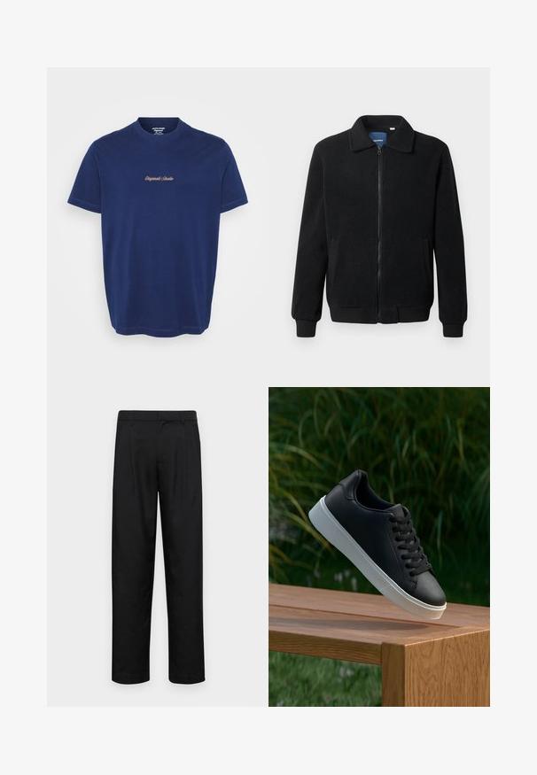 Juodas fliso džemperis su užtrauktuku, stovinčia apykakle, gumuotais rankogaliais ir šoninėmis kišenėmis, turinčiomis tekstūruotą paviršių.; Tamsiai mėlynas medvilninis marškinėliai su apvaliu iškirpimu ir trumpomis rankovėmis; krūtinėje kontrastinga šviesiai ruda siuvinėta užrašas "Originals Studio".; Juodi kelnių modeliai, pagaminti iš lygios medžiagos, turi tiesią kojas, du priekiniai klostės ir standartinę juosmenį su diržo kilpomis.; Juodas odinis sportbačių modelis su lygiu paviršiumi, baltu guminio pado ir šešiomis skylutėmis raišteliams, eksponuojamas ant medinės paviršiaus.