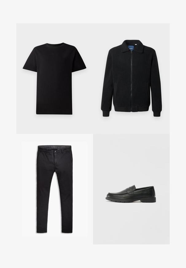 Casaco de polar preto com fecho de correr, gola alta, punhos canelados e bolsos laterais com uma superfície texturizada.; T-shirt de algodão preta, de mangas curtas e gola redonda, disposta de forma plana sobre um fundo branco.; Chinos pretos de algodão com um corte afunilado, apresentando cinco bolsos, passantes para cinto e uma textura suave. Fecho com zíper e botão.; Sapatos mocassins de couro preto com acabamentos lisos, parte superior em estilo mocassins, detalhes em costura e sola de borracha. Design clássico com um salto baixo.
