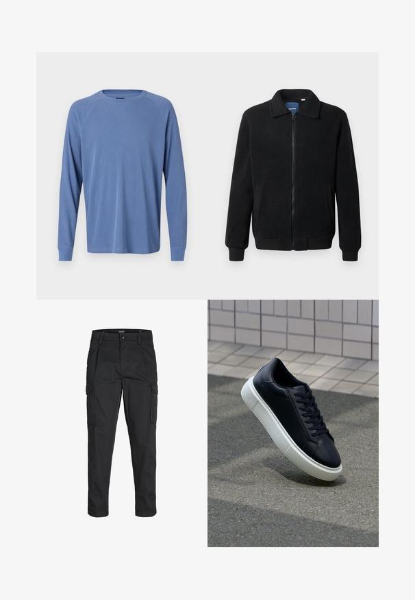 Musta fleece-takki, jossa on vetoketjulla suljettavat, pystykaulus, ribbireunat ja sivutaskut, joissa on teksturoitu pinta.; Pitkähihainen, pyöreäkaula-aukollinen paita vaaleansinisessä sävyssä, jossa on teksturoitu ribbikuvio ja raglanhihat, joissa on tiukat hihansuut.; Mustat cargo-housut, jotka on valmistettu kestävästä kankaasta. Housuissa on useita taskuja, nappisulku ja kapea istuvuus, jossa on kapenevat lahkeet.; Mustat nahkakengät, joissa on pyöristetty kärki ja valkoinen kumipohja. Varusteena litteät nauhat ja minimaalinen ommel ylhäällä. Teksturoitu pohja pitävyyden lisäämiseksi.