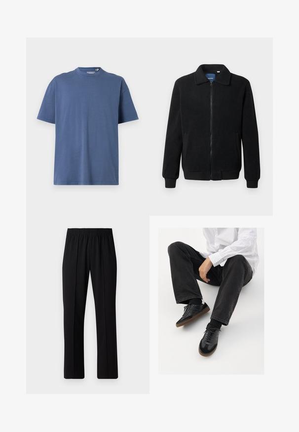 Μαύρο φλις μπουφάν με κλείσιμο με φερμουάρ, όρθιο γιακά, λαστιχένια μανίκια και πλάγιες τσέπες με υφή.; Μπλε κοντομάνικο μπλουζάκι από μαλακό βαμβάκι, με στρογγυλή λαιμόκοψη και χαλαρή εφαρμογή, με ελάχιστες λεπτομέρειες ραφής.; Μαύρο παντελόνι με ελαστική μέση και ίσια γραμμή, με λεία υφή και χωρίς εμφανή σχέδια ή μεταλλικά στοιχεία.; Μαύρα αθλητικά παπούτσια με λείο και υφασμάτινο πάνω μέρος, διαθέτοντας καουτσούκ σόλα και σκούρες κορδόνες. Συνδυασμένα με μαύρα τζιν και λευκό πουκάμισο με ρίγες.
