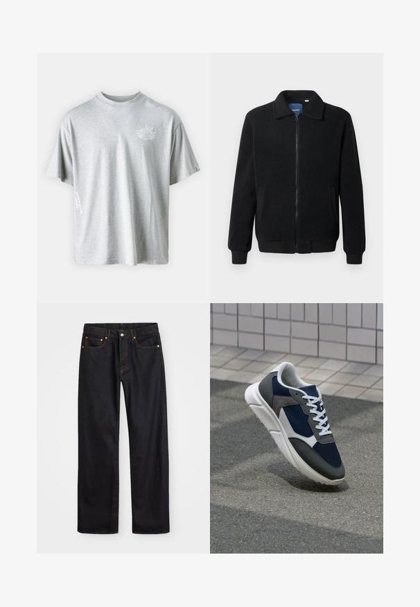 Μαύρο φλις μπουφάν με κλείσιμο με φερμουάρ, όρθιο γιακά, λαστιχένια μανίκια και πλάγιες τσέπες με υφή.; Replay M9Z1 T-SHIRT - Μπλουζάκι με στάμπα - ash grey; Ανδρικό τζιν παντελόνι σε ευθεία γραμμή, μαύρου χρώματος, με πέντε τσέπες και πορτοκαλί ραφές, με κουμπί και φερμουάρ στον μπροστινό ιμάντα.; Αθλητικά παπούτσια με επάνω μέρος από ναυτικό μπλε διχτυωτό ύφασμα, γκρι σουέτ λεπτομέρειες, λευκή καουτσούκ σόλα και επίπεδα λευκά κορδόνια, σχεδιασμένα για άνεση και αερισμό.