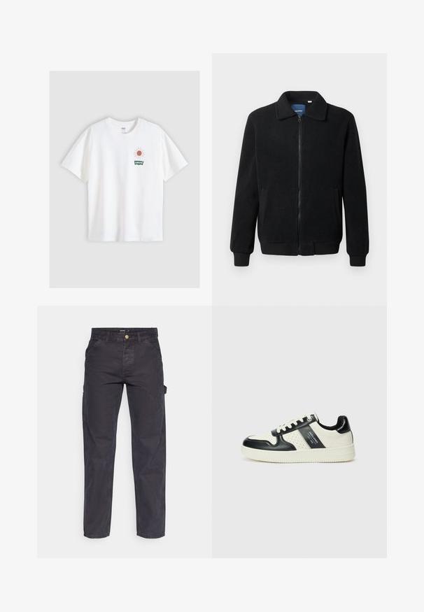 Melnā vilnas jaka ar rāvējslēdzēju, stāvošu apkakli, ribotām piedurknēm un sānu kabatām ar teksturētu virsmu.; Balta kokvilnas t-krekls ar īsām piedurknēm. Uz tā ir attēlots saules grafiks un "Levi's" logo zaļā krāsā, kas atrodas kreisajā krūšu daļā.; Tumši pelēki kravas bikses, kas izgatavotas no izturīga auduma, ar taisnu piegriezumu, piecām kabatām un pogu aizdari viduklī.; Ādas sporta apavi ar melnbaltu krāsu shēmu, ar perforētiem akcentiem, mīkstinātu apkakli un teksturētu zoli.