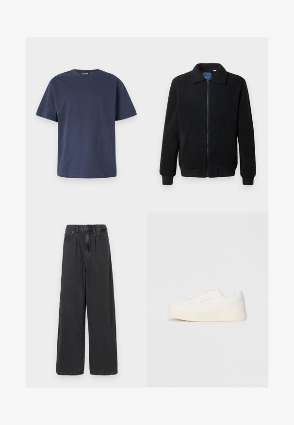 Casaco de polar preto com fecho de correr, gola alta, punhos canelados e bolsos laterais com uma superfície texturizada.; T-shirt de algodão azul-marinho com gola redonda e mangas curtas. Textura suave, corte reto e costuras mínimas, proporcionando um design clássico.; Calças de ganga pretas de perna larga e cintura alta, com fecho frontal de botão e zipper, apresentando bolsos laterais e uma textura suave.; Sapatilhas brancas de atacar com uma superfície texturizada, sola grossa e design minimalista. Possui o logo da marca na lateral.