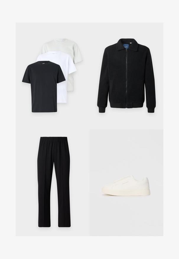 Μαύρο φλις μπουφάν με κλείσιμο με φερμουάρ, όρθιο γιακά, λαστιχένια μανίκια και πλάγιες τσέπες με υφή.; Τρία κοντομάνικα μπλουζάκια σε μαύρο, άσπρο και ανοιχτό γκρι, κατασκευασμένα από βαμβάκι με στρογγυλή λαιμόκοψη και άνετη εφαρμογή. Λείες, μονόχρωμες επιφάνειες.; Μαύρο παντελόνι με ελαστική μέση και ίσια γραμμή, με λεία υφή και χωρίς εμφανή σχέδια ή μεταλλικά στοιχεία.; Λευκά slip-on παπούτσια με υφή, παχύ πάτο και μινιμαλιστικό σχέδιο. Φέρει το λογότυπο της μάρκας στο πλάι.