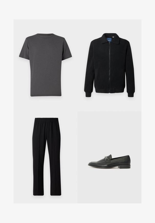 Giacca in pile nera con chiusura zip, colletto alto, polsini a coste e tasche laterali con superficie strutturata.; T-shirt a girocollo grigio scuro, maniche corte, realizzato in tessuto morbido. Presenta un logo sottile sulla parte frontale, texture liscia con cuciture minime.; Pantaloni neri con vita elasticizzata e design a gamba dritta, caratterizzati da una texture liscia e senza motivi o hardware visibili.; Mocassino in pelle nera con finitura liscia, caratterizzato da un design cucito e da un accento decorativo in catena metallica sul vamp. Tacco piatto.